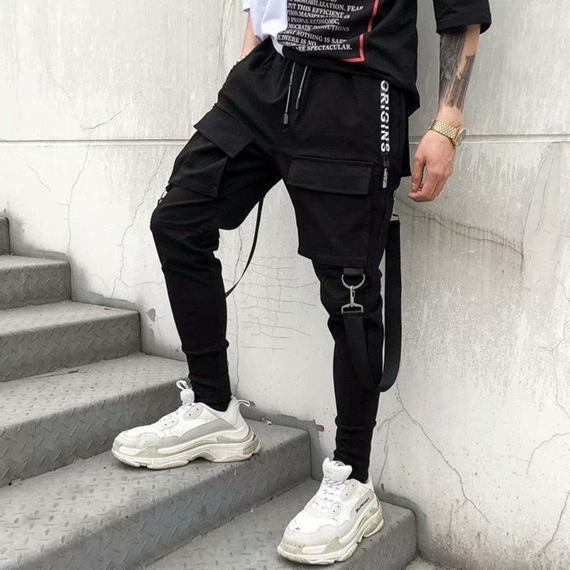 Fashion Slim-fit Pants Men Streetwear Ribbon Harajuku Black Cargo Pants for Men Casual Techwear Jogging Japan Kpop Male Trousers