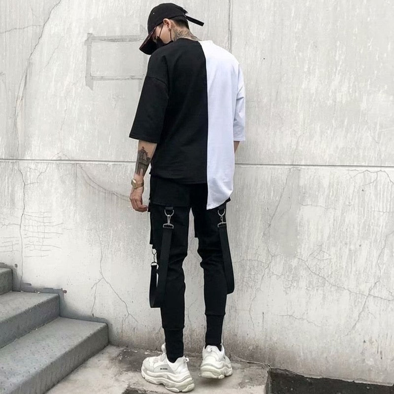 Fashion Slim-fit Pants Men Streetwear Ribbon Harajuku Black Cargo Pants for Men Casual Techwear Jogging Japan Kpop Male Trousers