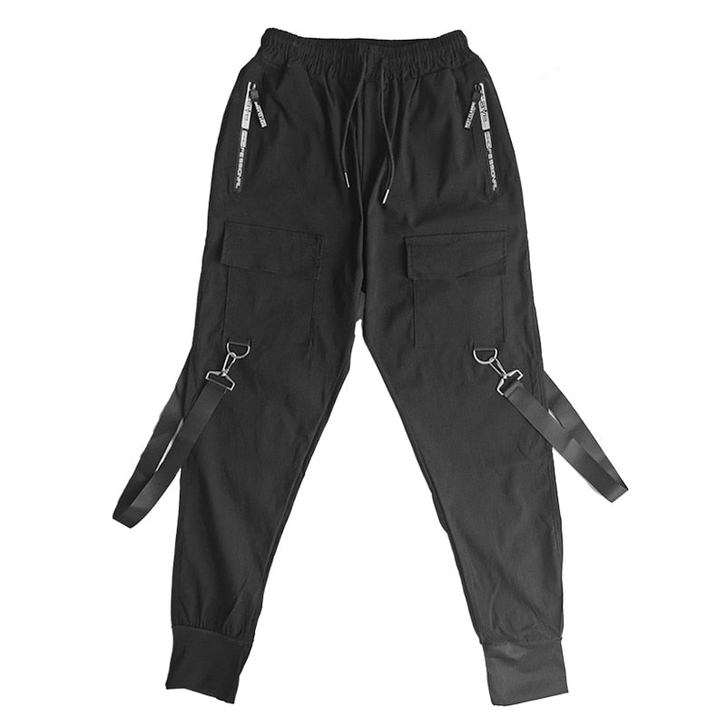 Fashion Slim-fit Pants Men Streetwear Ribbon Harajuku Black Cargo Pants for Men Casual Techwear Jogging Japan Kpop Male Trousers