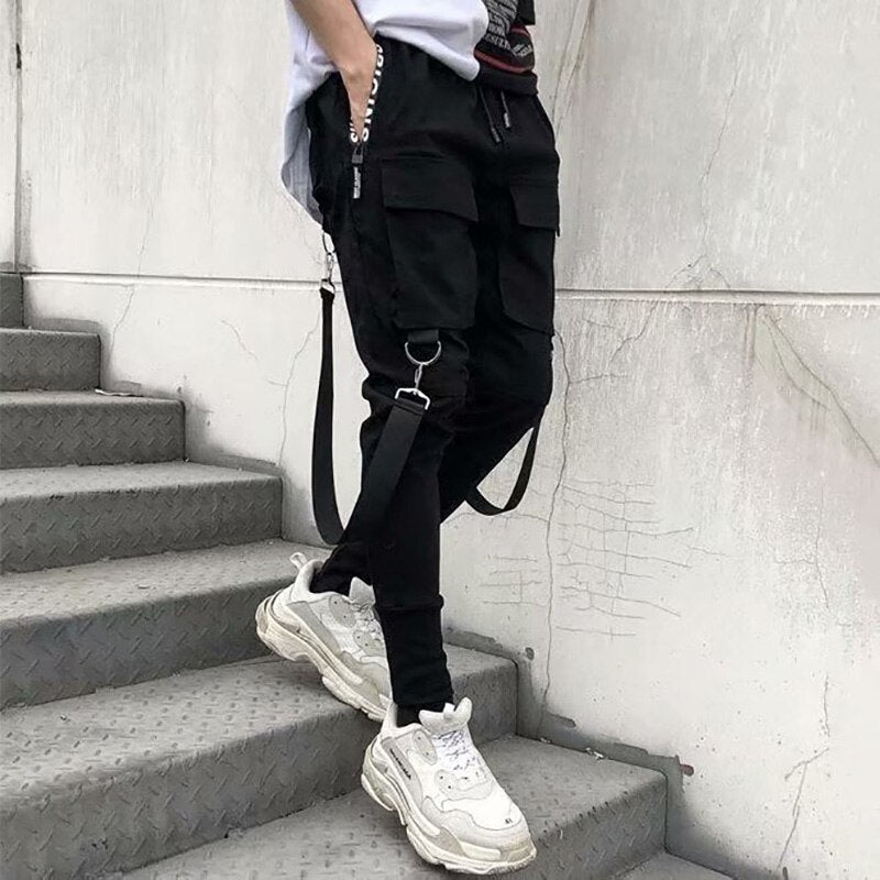 Fashion Slim-fit Pants Men Streetwear Ribbon Harajuku Black Cargo Pants for Men Casual Techwear Jogging Japan Kpop Male Trousers