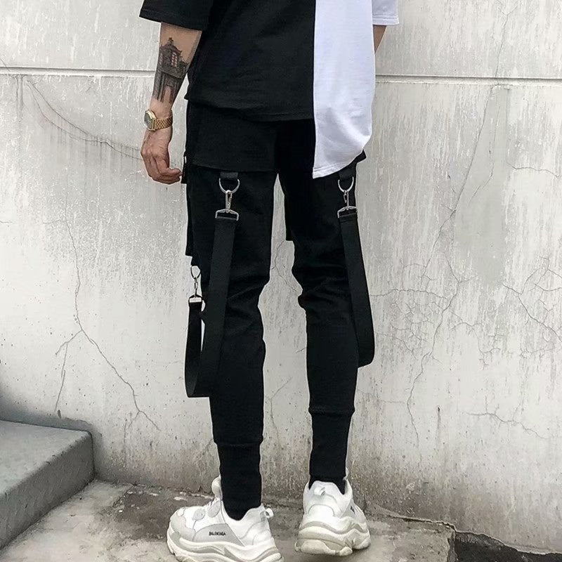 Fashion Slim-fit Pants Men Streetwear Ribbon Harajuku Black Cargo Pants for Men Casual Techwear Jogging Japan Kpop Male Trousers