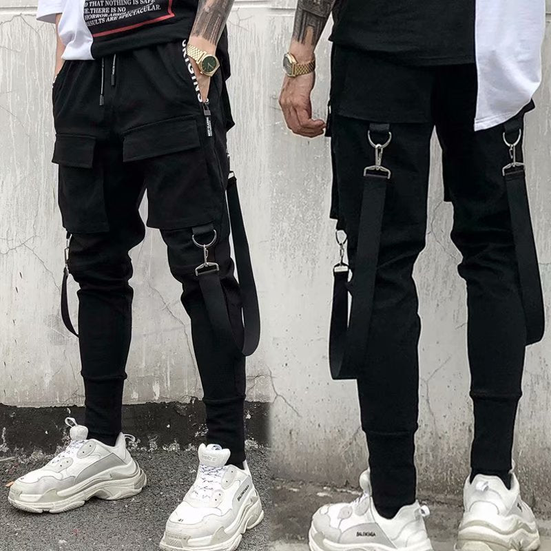 Fashion Slim-fit Pants Men Streetwear Ribbon Harajuku Black Cargo Pants for Men Casual Techwear Jogging Japan Kpop Male Trousers